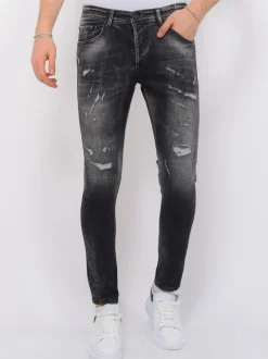 Destroyed Jeans with Paint Heren - Slim Fit -1086- Zwart