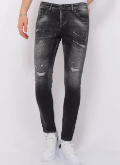 Destroyed Jeans with Paint Heren - Slim Fit -1086- Zwart