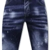 Men's Paint Splatter Stonewashed Short - Slim Fit -1077- Blauw