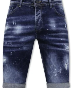 Men's Paint Splatter Stonewashed Short - Slim Fit -1077- Blauw