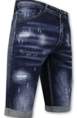 Men's Paint Splatter Stonewashed Short - Slim Fit -1077- Blauw