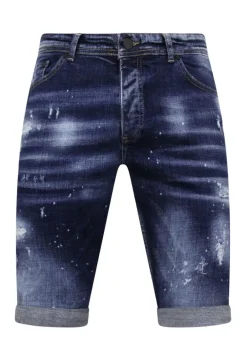 Men's Paint Splatter Stonewashed Short - Slim Fit -1077- Blauw