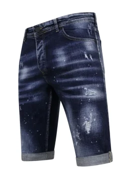 Men's Paint Splatter Stonewashed Short - Slim Fit -1077- Blauw