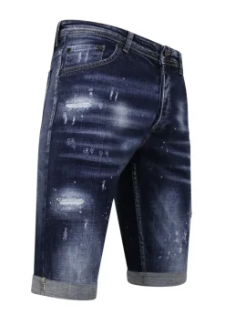 Men's Paint Splatter Stonewashed Short - Slim Fit -1077- Blauw