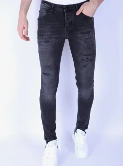 Stonewashed & Ripped Heren Jeans - Slim Fit -1104- Zwart