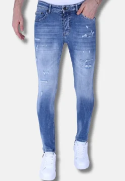 Stonewashed Ripped Jeans Heren - Slim Fit -1098- Blauw