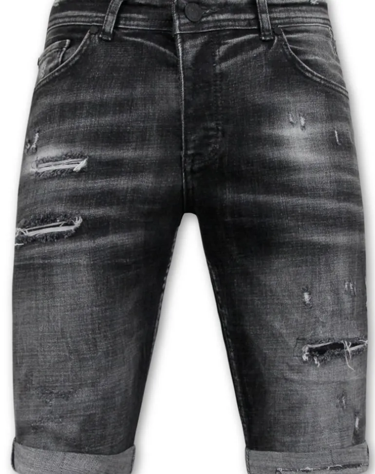 Stonewashed Ripped Short - Slim Fit -1085- Zwart