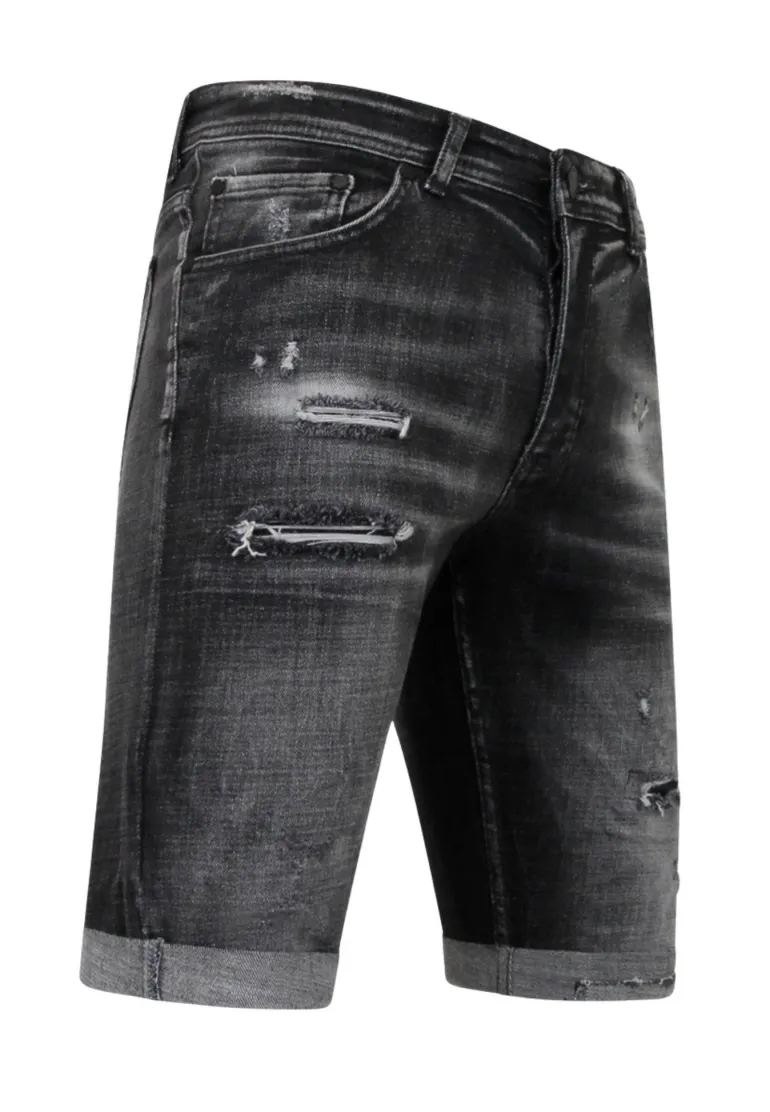 Stonewashed Ripped Short - Slim Fit -1085- Zwart