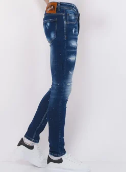 Stretch Denim with Paint Heren - Slim Fit -1074- Blauw