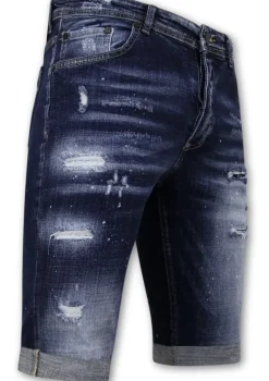 Stretch Short with Paint Splash - Slim Fit -1074- Blauw